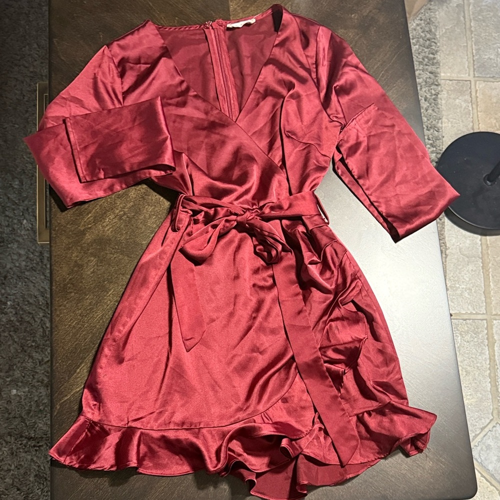 Altar'd State Deep Red Satin Wrap Dress
